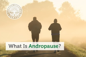 Two middle age men running. As men age, they are prone to suffer from andropause.