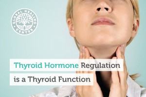A woman checking her thyroid. The thyroid produces thyroid hormones that regulate various bodily functions.