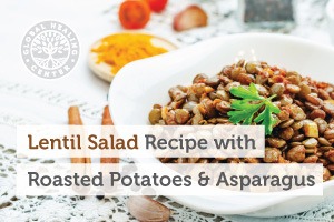 A bowl of lentil salad with roasted potatoes and asparagus. This delicious vegan-friendly recipe contains many key nutrients.