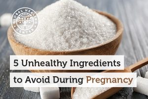 Artificial sweeteners and GMO foods are unhealthy ingredients to avoid during pregnancy.