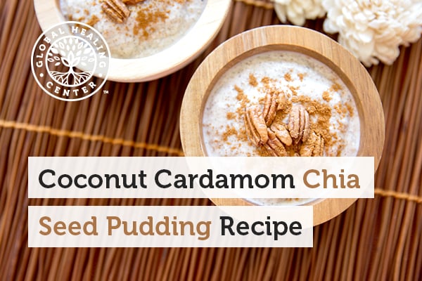 A bowl of coconut cardamom chia seed pudding. The chia seeds in this amazing dessert offer great health benefits.