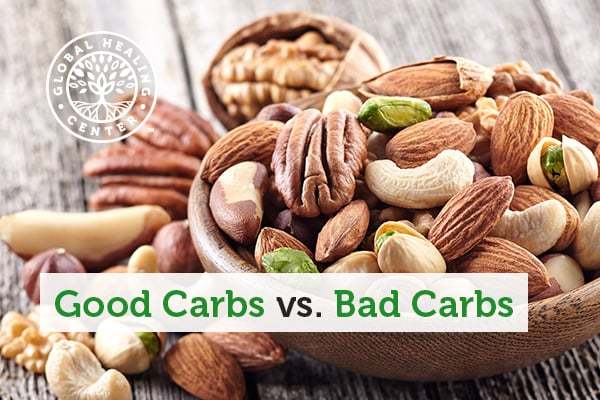 Good carbs vs bad carbs. Image with a bowl of nuts.