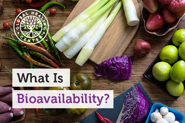 A table full of vegetables. Bioavailability is the quantity of a nutrient that is absorbed by the body.