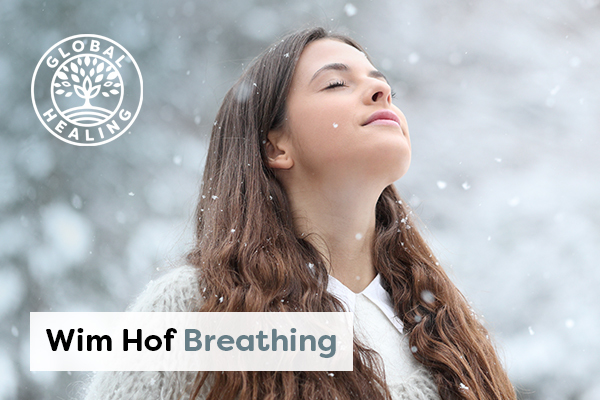 A woman taking a deep breath in a cold environment surrounded by falling snowflakes.